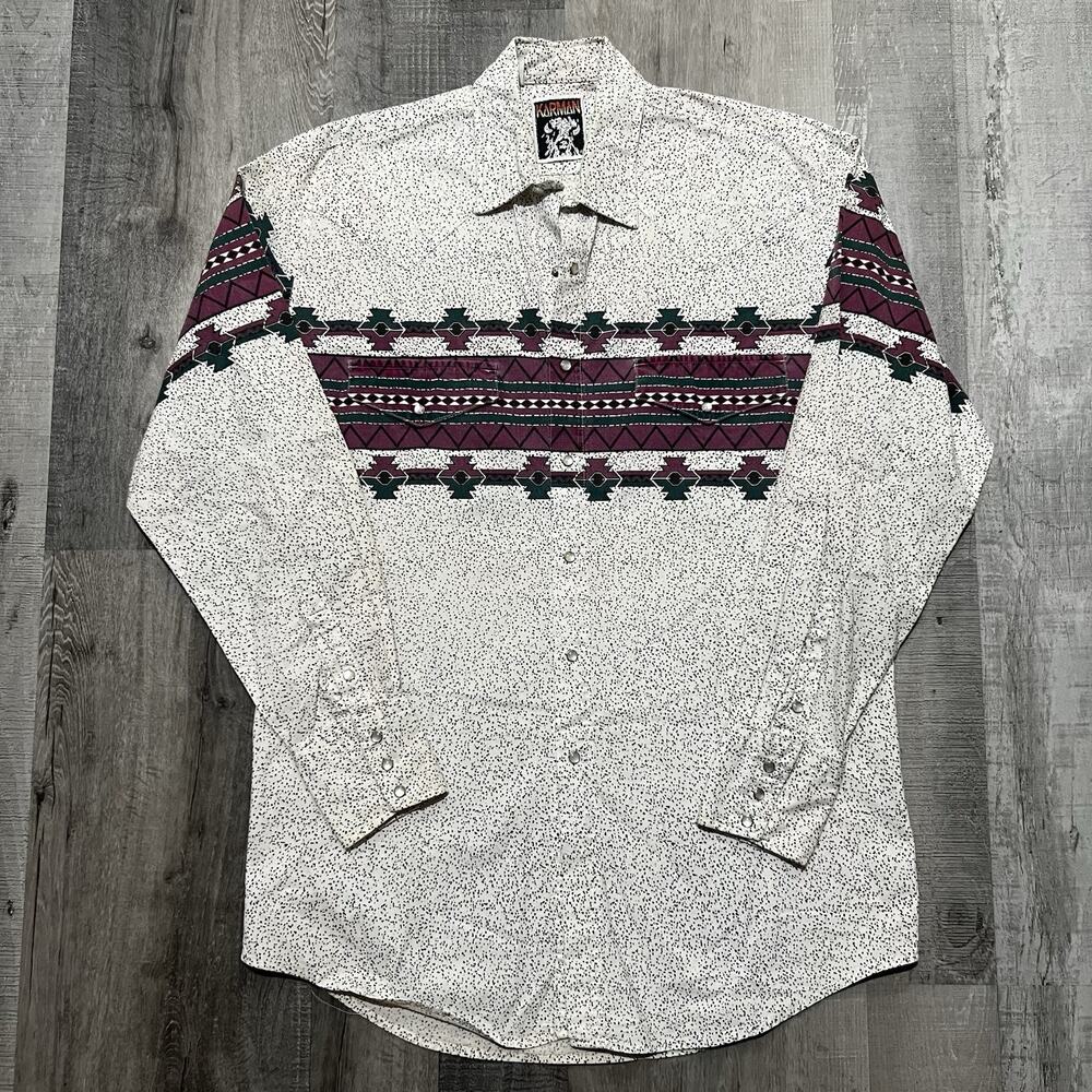 VTG 80s Karman White Aztec Pearl Snap Western Cowboy Speckled Rodeo Shirt Sz L
